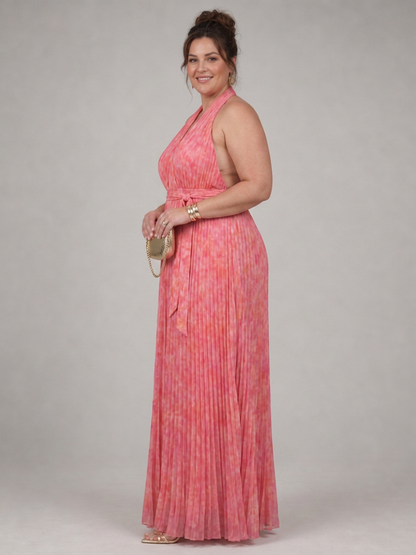 Vestido Largo Escote Halter Plisado Rosel