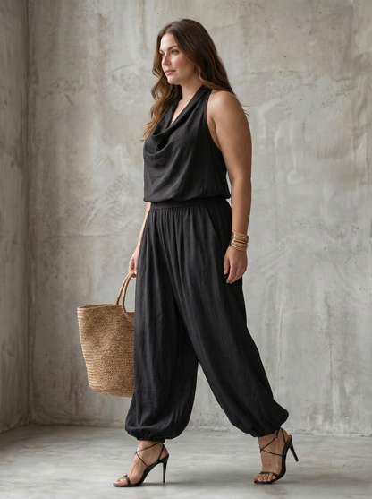 Yvaine | Conjunto Top Fluido Cuello Drapeado y Pantalón Ancho