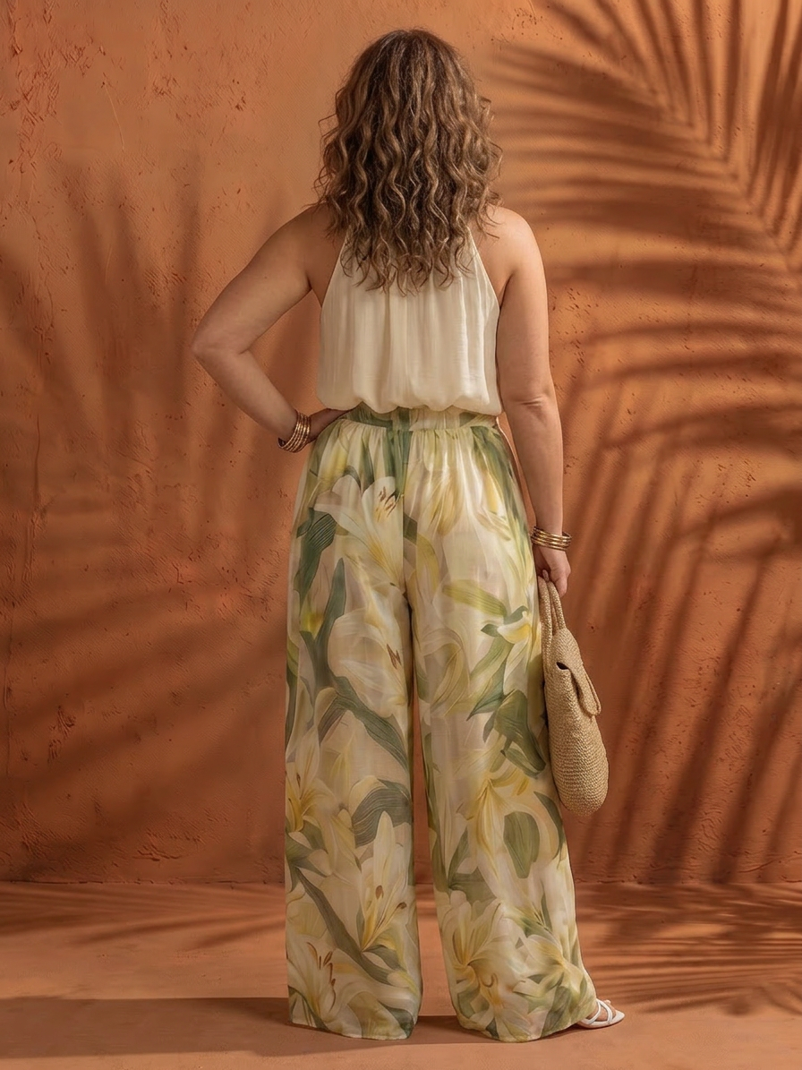 Solange | Conjunto Blusa Halter Floral y Pantalón Ancho