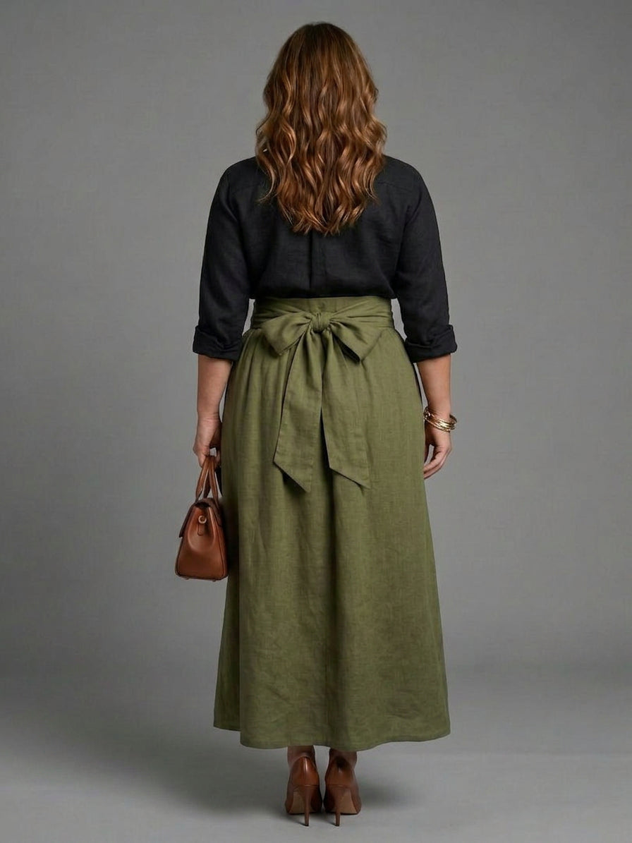 Vera | Conjunto Dos Piezas Blusa Negra y Falda Midi Verde Oliva