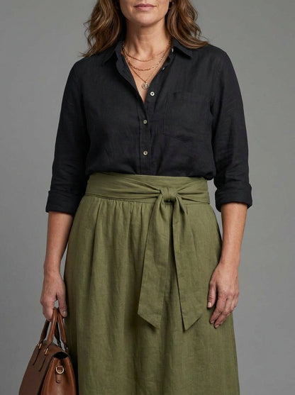 Vera | Conjunto Dos Piezas Blusa Negra y Falda Midi Verde Oliva
